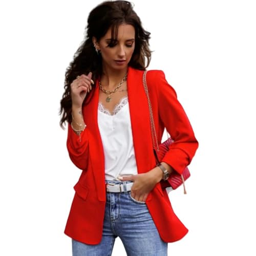 CLXLYU Damen Blazer Top -Jacke Elegante Langarmanzug Halsband Feste Farbtemperament Slim Fit Top Jacke-Rot-XL von CLXLYU