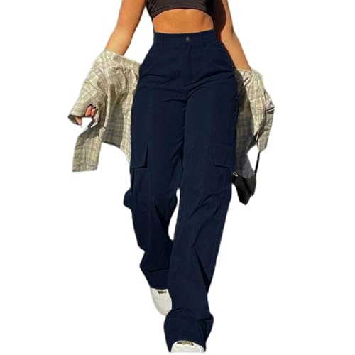 CLXLYU Damen Cargo Hosen Streetwear Basic Schnalle Cargo Hosen Frauen Hosen Solide Gerade Bein Große Taschen Baggy-Marine-M von CLXLYU