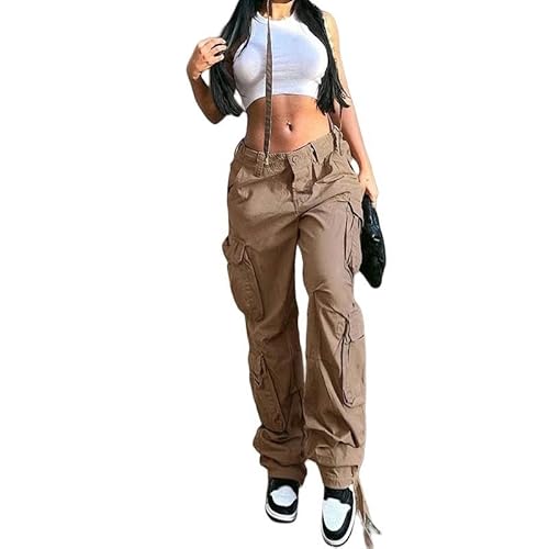 CLXLYU Damen Cargo Hosen Vintage Cargo Hosen Baggy Jeans Frauen Mehrere Taschen Mutter Hip Hop Street Wide LegHose-Khaki-M von CLXLYU