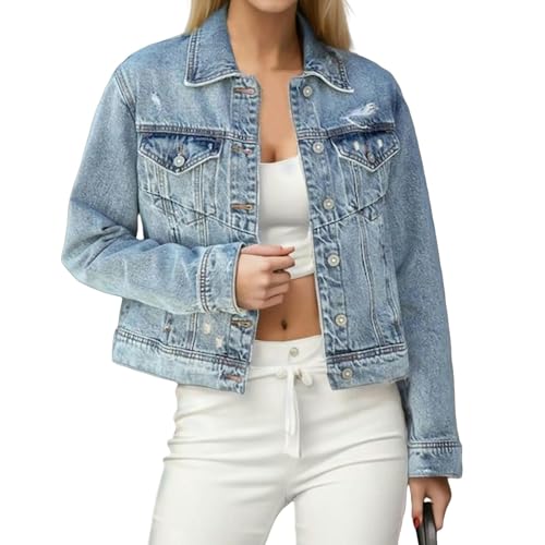 CLXLYU Damen Jeansjacke Damenjacken Für Frauen Jacken Mit Zerrissenen Löchern Modische Wasserwäsche Verzweifelt-Hellblau-XL von CLXLYU