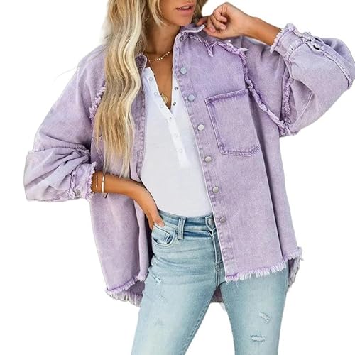 CLXLYU Damen Jeansjacke Frauen Farbenfrohe Denimjacke Frauen Langen Langarmes Quasten Einzelner Brawogen Strickjacke Beantragen-Hellviolett-XL von CLXLYU