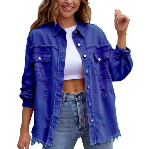 CLXLYU Damen Jeansjacke Hip Hop Rough Edges Denim Jacke Zerrissener Taschenlampe Langarm Vintage Jeans Jacke Mantel-Blau-M von CLXLYU