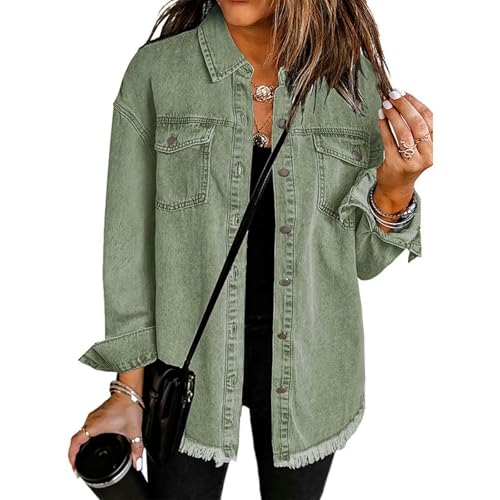 CLXLYU Damen Jeansjacke Mode Langarm Denim Jacke Lose Revers Pure Color Single Breasted Mid Länge Mantel-Grün-XXL CLXLYU Damen Jeansjacke Mode Langarm Denim Jacke Lose Revers Pure Color Single Breasted Mid Länge Mantel-Grün-XXL von CLXLYU