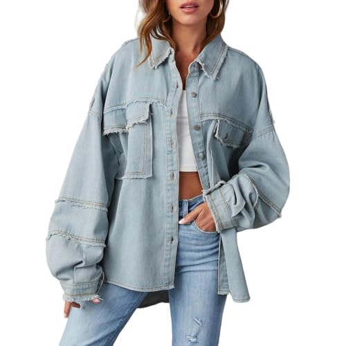 CLXLYU Damen Jeansjacke Patchwork Delessed Denim Jean Jacke Frauen Übergroß-Himmelblau-S von CLXLYU