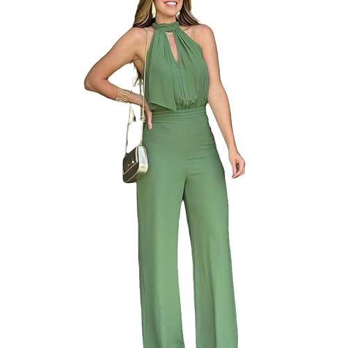 CLXLYU Damen Jumpsuit Damenfarbhöfter Halshälfte Ärmellose Chiffon Hohl Gerade Formale Overall-Green-M von CLXLYU