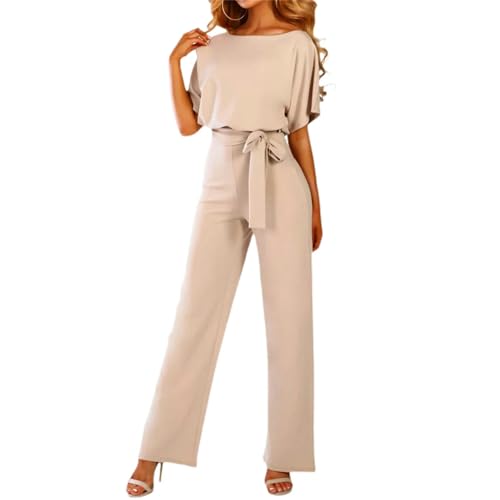 CLXLYU Damen Jumpsuit Jumpsuit Der Frauen Hohl Taille Wide Bein Hosen Bodysuit Overalls Weitbein Geschnittene Hosen-Beige-XXL von CLXLYU