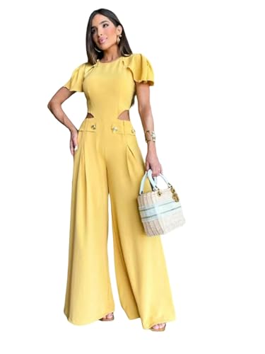 CLXLYU Damen Jumpsuit Mode Elegante Solid Color Button Damen -Jumpsuit Schmetterling Ärmel Und Langstillstand-Gelb-XL von CLXLYU