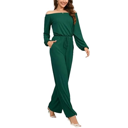 CLXLYU Damen Jumpsuit Modische Und Lässige, Feste Farbe One-Shoulder-Kleid Schlanker Taille Binde Wide-Bein-Hosen-Green-M von CLXLYU