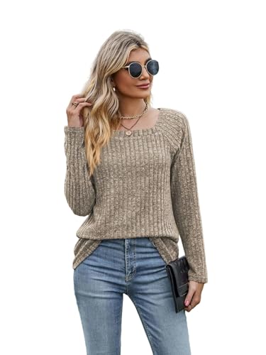 CLXLYU Damen Langarm Oberteile Damen Der Oberen Quadrat-Hals-Leitungs-Boxenstreifen Matt Mattes Farbknopf Langes T-Shirt Langarm-Khaki-XL von CLXLYU