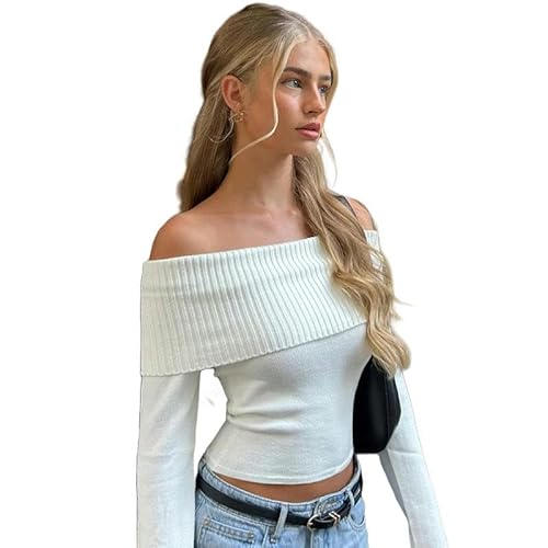 CLXLYU Damen Langarm Oberteile Elegante Schrägschnitter-Rippen-Tops Dünne Schulter Langarm T-Shirts Enge T-Shirts-Weiss-S von CLXLYU