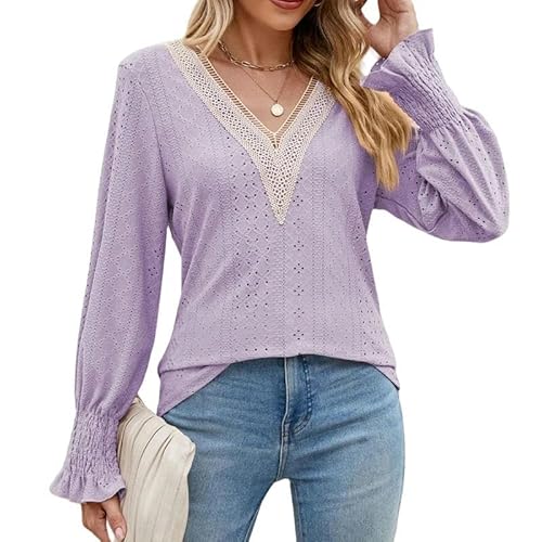 CLXLYU Damen Langarm Oberteile Frauen Hohl Spitzen Patchwork T -Shirt Mode Gegen Nacken Langarm Pullover Lose T -Shirts-Lila-S von CLXLYU