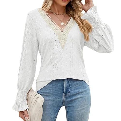 CLXLYU Damen Langarm Oberteile Frauen Hohl Spitzen Patchwork T -Shirt Mode Gegen Nacken Langarm Pullover Lose T -Shirts-Weiss-S von CLXLYU