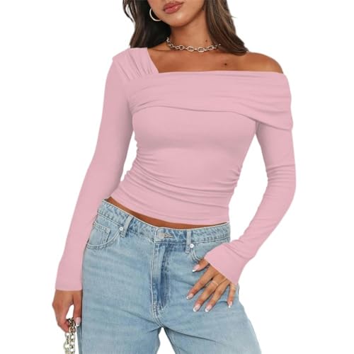 CLXLYU Damen Langarm Oberteile Frauen One Von Schulter Langarm Langarm Top Style Crop Top Feste Farbgeräte T -Shirts-Rosa-Xs von CLXLYU