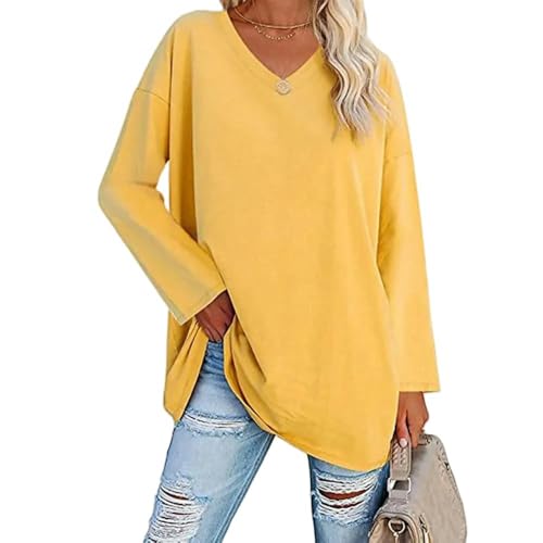 CLXLYU Damen Langarm Oberteile Lose Langarm Mode V-Ausschnitt Strick Top Große Tops Frauen Solide Bluse Langarm V-Ausschnitt-Gelb-M von CLXLYU