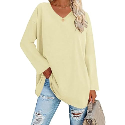 CLXLYU Damen Langarm Oberteile Lose Langarm Mode V-Ausschnitt Strick Top Große Tops Frauen Solide Bluse Langarm V-Ausschnitt-Hellgelb-XL von CLXLYU