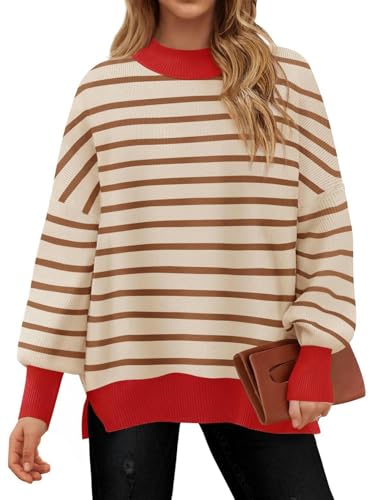 CLXLYU Damen Pullover Frauen Kontrastfarbe Runder Hals Gestreifter Langarm Pullover Pullover Losser Strickpullover-Rot-XXL von CLXLYU