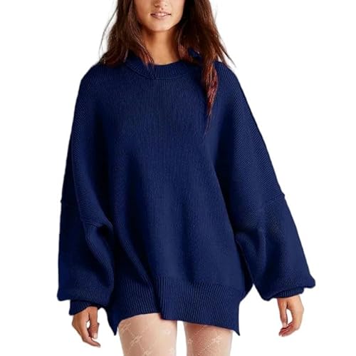 CLXLYU Damen Pullover Herbst- Und Winter Von Frauen Loser Pullover Pullover Langarmschlitz Rund Hals Pullover-Dunkelblau-M von CLXLYU