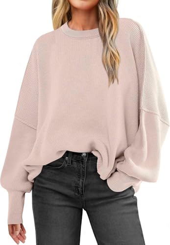 CLXLYU Damen Pullover Herbst- Und Winter Von Frauen Loser Pullover Pullover Langarmschlitz Rund Hals Pullover-Hellrosa-XL von CLXLYU