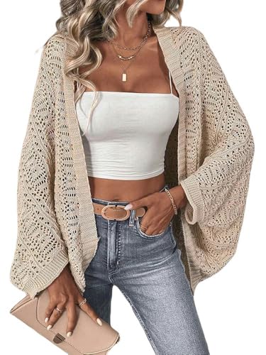 CLXLYU Damen Strickjacke Feste Farbe Camisole Strick -Strickjacke Elegante Vorne Offene Fledermausflügelhülle Lose Strickjacke Für Frauen-Khaki-L von CLXLYU