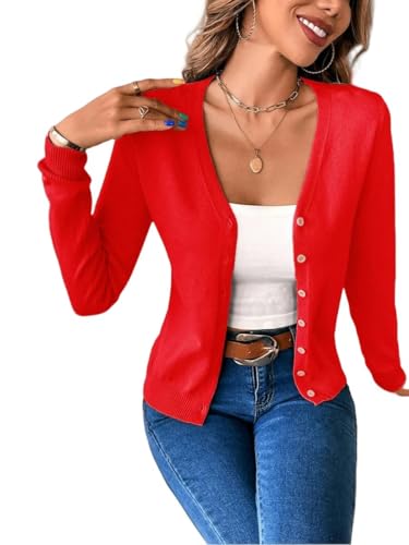 CLXLYU Damen Strickjacke Frauen Langschläfe Fester Knopf Vorne Gegen Hals Cardigan Femme Mode Vintage Strick Weicher Pullover Top-Rot-M von CLXLYU