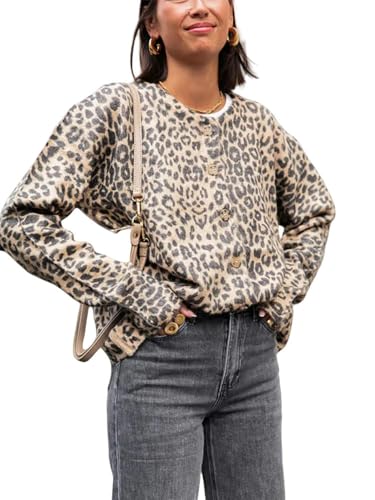 CLXLYU Damen Strickjacke Vintage Leopard Print Damen Langarm Lose Strickjacke Runde Hals Single Breauzed Jacke L von CLXLYU