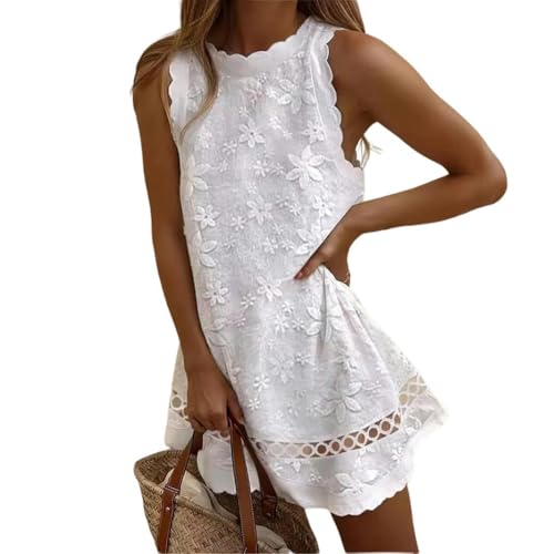 CLXLYU Damenkleid Frauen Kleiden Mode O Hals Ärmellose Strandparty Mini Lässige Kleider Robe Urlaub Vestidos-Weiss-XXXL von CLXLYU