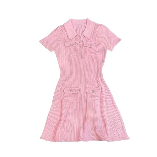 CLXLYU Damenkleid Polo -Nacken Kurzärmel Gestrickter Kleid Fashion Pendler Schlanker Fit Multi -Taschen -Hip -Rock Gewickelt-Rosa-L von CLXLYU