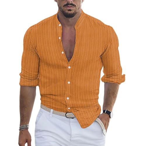 CLXLYU Hemd Mit Knöpfen Bundesstaaten Lässige Sommerständer Kragen Beach Langarm Shirt Hawaii Holiday Stripe Top-Orange-S von CLXLYU