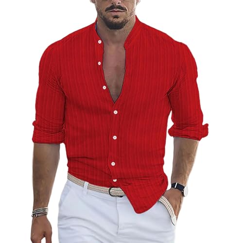 CLXLYU Hemd Mit Knöpfen Bundesstaaten Lässige Sommerständer Kragen Beach Langarm Shirt Hawaii Holiday Stripe Top-Rot-L von CLXLYU