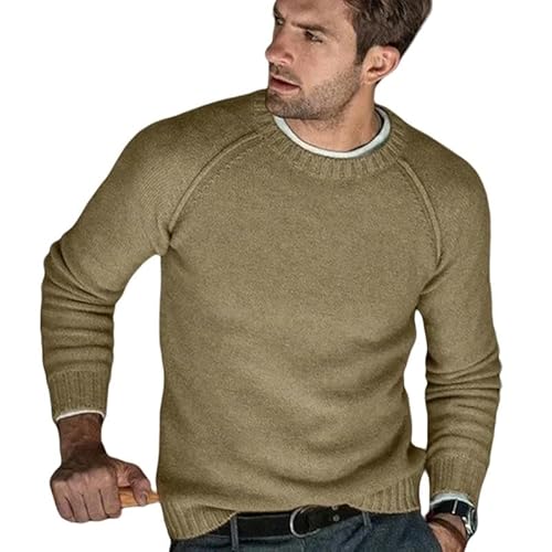 CLXLYU Herren Pullover Feste Farbpullover -Männer Schlanker Fit Gestricker Pullover Bequemer Runder Hals Gestrickt Pullover-Braun-S von CLXLYU