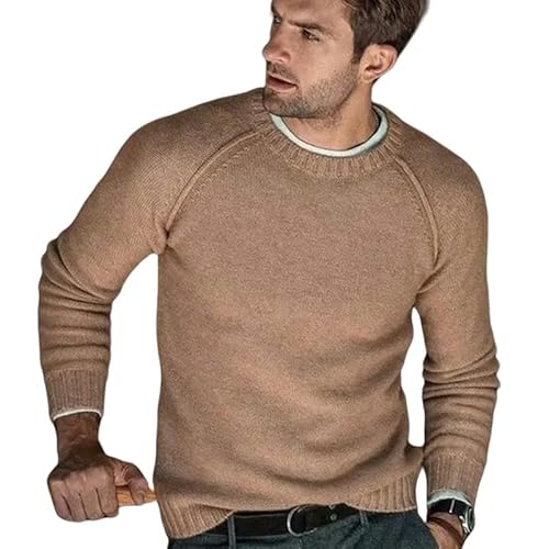 CLXLYU Herren Pullover Feste Farbpullover -Männer Schlanker Fit Gestricker Pullover Bequemer Runder Hals Gestrickt Pullover-Khaki-XL von CLXLYU