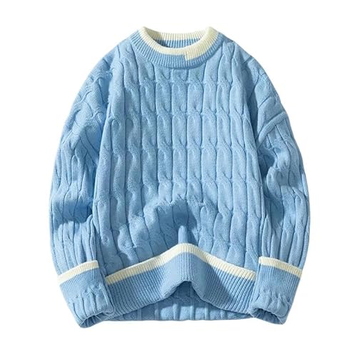 CLXLYU Herren Pullover Herrenpullover Warm Gestrickter Pullover Modische Lose Strickpullover Patchwork Pullover-Hellblau-2Xl von CLXLYU