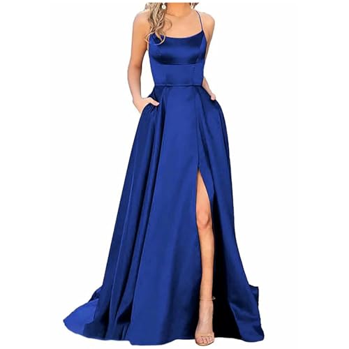 CLXLYU Hochzeitsgast Kleid Brautjungfer Kleid Für Hochzeiten Frau Gast Spaghetti Straps Split Prom Party Kleider-Dunkelblau-XL von CLXLYU