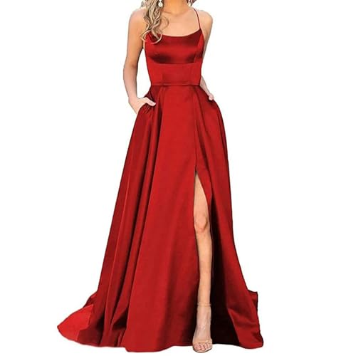 CLXLYU Hochzeitsgast Kleid Brautjungfer Kleid Für Hochzeiten Frau Gast Spaghetti Straps Split Prom Party Kleider-Rot-L von CLXLYU