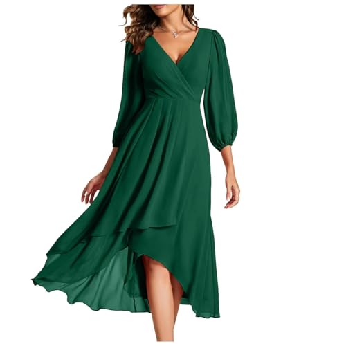 CLXLYU Hochzeitsgast Kleid Frauen V-Ausschnitt Lange Ärmel Plissee A Linie Midi Länge Hochzeitsgast Kleid High Low Kleider-Grün-XL von CLXLYU