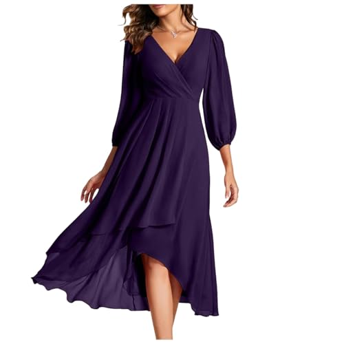 CLXLYU Hochzeitsgast Kleid Frauen V-Ausschnitt Lange Ärmel Plissee A Linie Midi Länge Hochzeitsgast Kleid High Low Kleider-Lila-M von CLXLYU