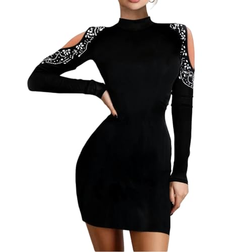 CLXLYU Hochzeitsgast Kleid Kette Muster Kalte Schulter Bodycon Kleid Damen Hochzeitsgäste Kleider Elegante Outfits-Schwarz-XXL von CLXLYU