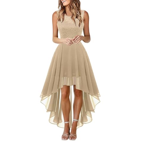 CLXLYU Hochzeitsgast Kleid Weibliches Kleid Spitze Kleid Bogen Gürtel Unregelmäßige Länge Hochzeit Gast Ärmellose Brautjungfer-Khaki-M von CLXLYU