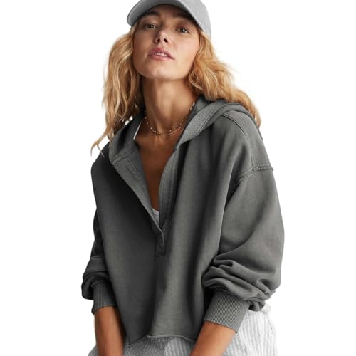 CLXLYU Hoodie Damen Mode Losen Kapuzepullover Lässig V-Ausschnitt Pullover Top Langarm Shirt Jacke-Grau-S von CLXLYU