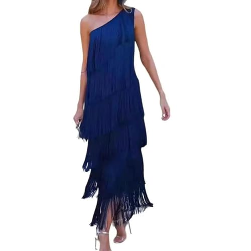 CLXLYU Kleider Für Hochzeitsgäste Damen Abendkleid Fransen Quaste Maxi Kleid Eine Schulter Asymmetrisch Abendkleid Cocktailkleid-Blau-M von CLXLYU