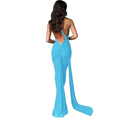 CLXLYU Kleider Für Hochzeitsgäste Damen Damen Abend Party Cocktail Langes Kleid Backless Open Back Rüschen Slim Formal Hochzeit Maxi Kleid-Blaues Kleid-L von CLXLYU