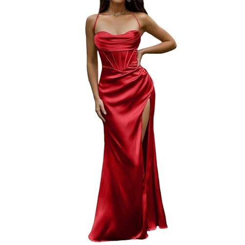 CLXLYU Kleider Für Hochzeitsgäste Damen Damen Kleid Lace Up Backless High Schlitz Korsett Maxikleid Elegante Slim Formale Kleider-Rot-L von CLXLYU