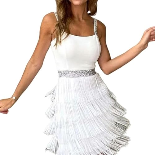 CLXLYU Kleider Für Hochzeitsgäste Damen Damen Kleider Quaste Low Cut Straps Ärmellos Midi Party Kleid Sommer Mode-Weiss-S von CLXLYU