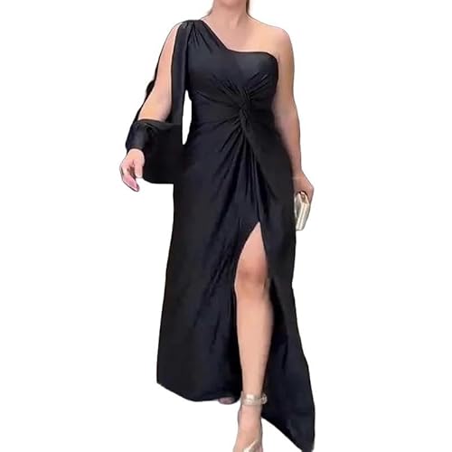 CLXLYU Kleider Für Hochzeitsgäste Damen Frauen Mit Hohem Geteiltes Kleid Eleganter Schulter Cocktail Hochzeit Gastfeier Maxi Kleid-Schwarz-L von CLXLYU