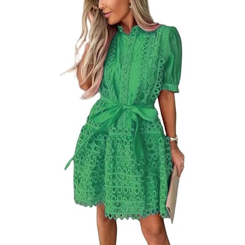 CLXLYU Kleider Für Hochzeitsgäste Damen Frauen Stickerei Hohl Stehkragen Party Kleid Kurzarm Mini Kleid Büro Shirt Kleid-Grün-XL von CLXLYU