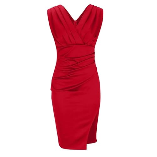 CLXLYU Kleider Für Hochzeitsgäste Damen Hohe Taille Plissee V-Ausschnitt Slim Fit Kleider Weibliche Elegante Abendkleider Frauen Sommer Kleid-Rot-M von CLXLYU