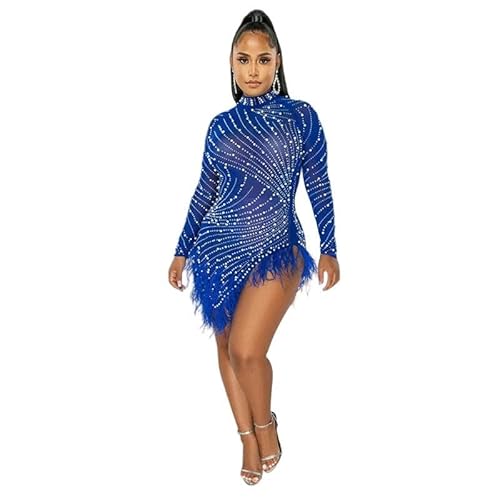 CLXLYU Kleider Für Hochzeitsgäste Damen Langarm Diamanten Bodycon Mesh See Through Party Kleider Für Frauen Club Kleid-Blau-S von CLXLYU