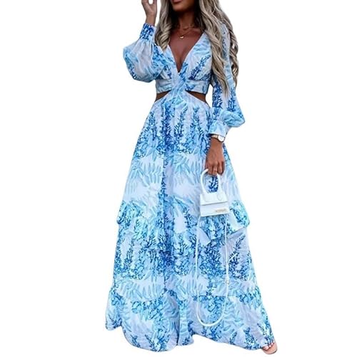 CLXLYU Kleider Für Hochzeitsgäste Damen Langer Kleidungsdruck Deep V-Ausschnitt Langarmes Kleid Hollow-Out Rüste Spleiß Maximaler Kleid-Blau-XXL von CLXLYU