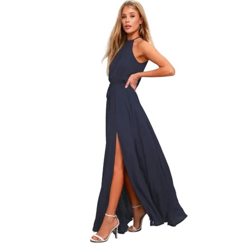 CLXLYU Kleider Für Hochzeitsgäste Damen Sommer Langes Kleid High Split Boho Beach Kleid Tunika Maxi Kleid Frauen Abend Party Kleid Sundress-Marineblau-L von CLXLYU