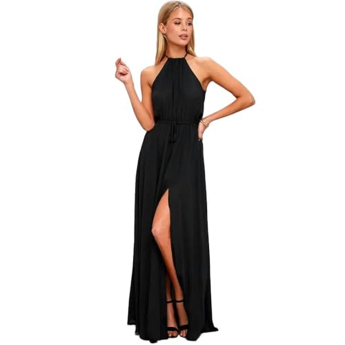 CLXLYU Kleider Für Hochzeitsgäste Damen Sommer Langes Kleid High Split Boho Beach Kleid Tunika Maxi Kleid Frauen Abend Party Kleid Sundress-Schwarz-S von CLXLYU